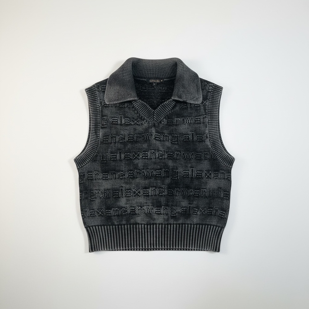 Alexander Wang Logo Knit Cropped Vest Collared Gray Size S